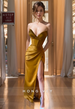 HONGIVEY Sweetheart Evening Dress Simple Solid Strapless Sheath Ruched Formal Party Gown