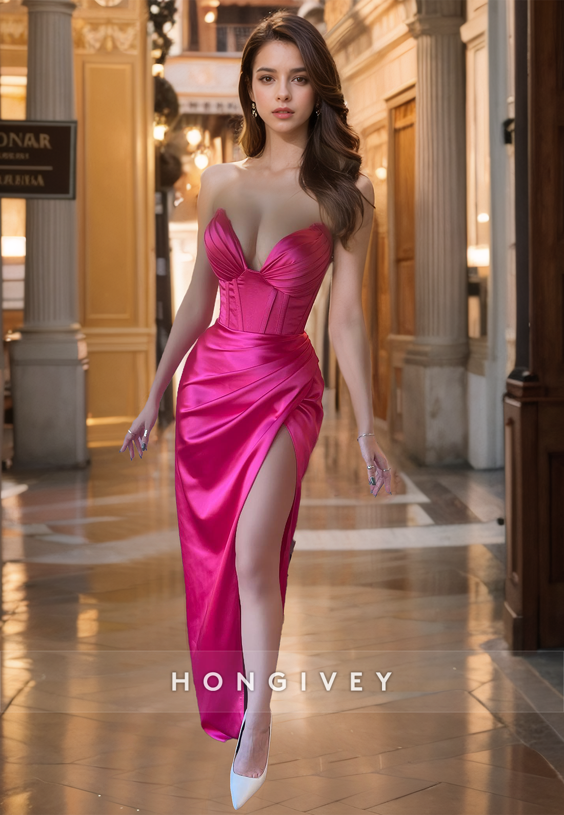 HONGIVEY Sexy Sweetheart Sheath Evening Dress Slit Empire Waist Prom Gown