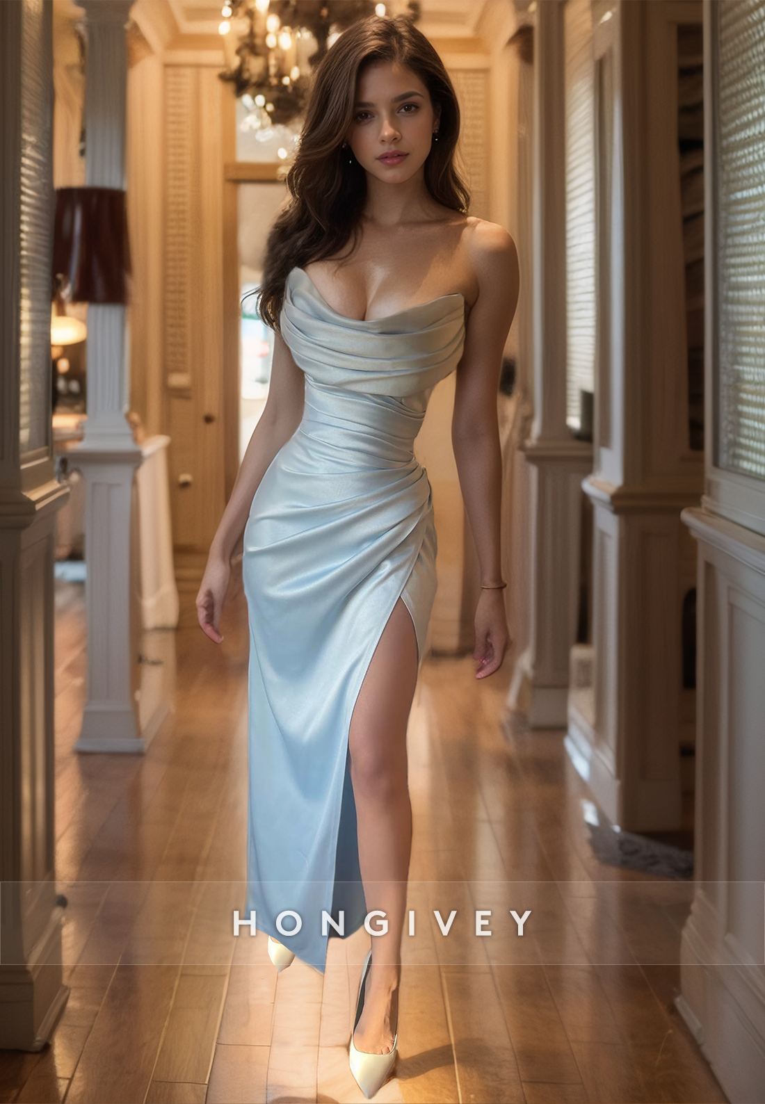 HONGIVEY Classic Sleeveless Sheath Evening Dress Strapless Ruched Satin Prom Gown