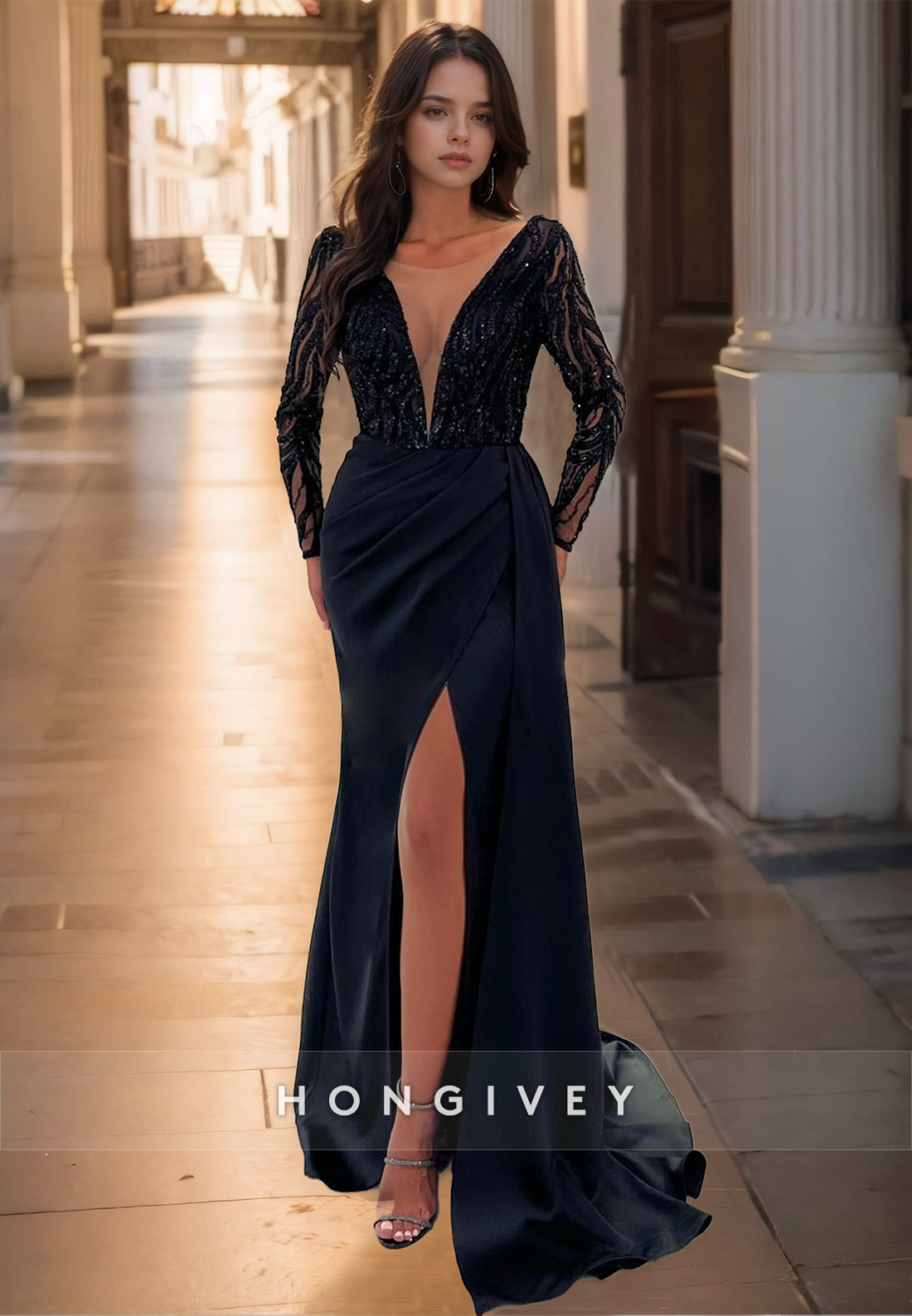 HONGIVEY New Lace Long Sleeves Formal Evening Dress Elegant V-Neck Party Prom Gown Women