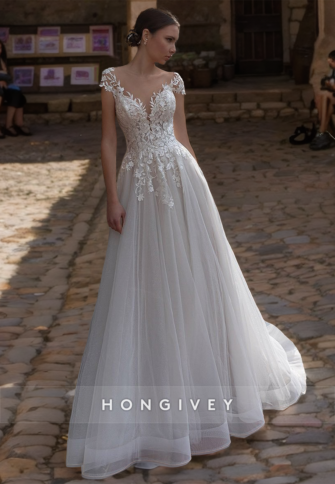 HONGIVEY Backless Wedding Dresses Lace Applique Off-Shoulder A-Line Br HONGIVEY Backless Wedding Dresses Lace Applique Off-Shoulder A-Line Br