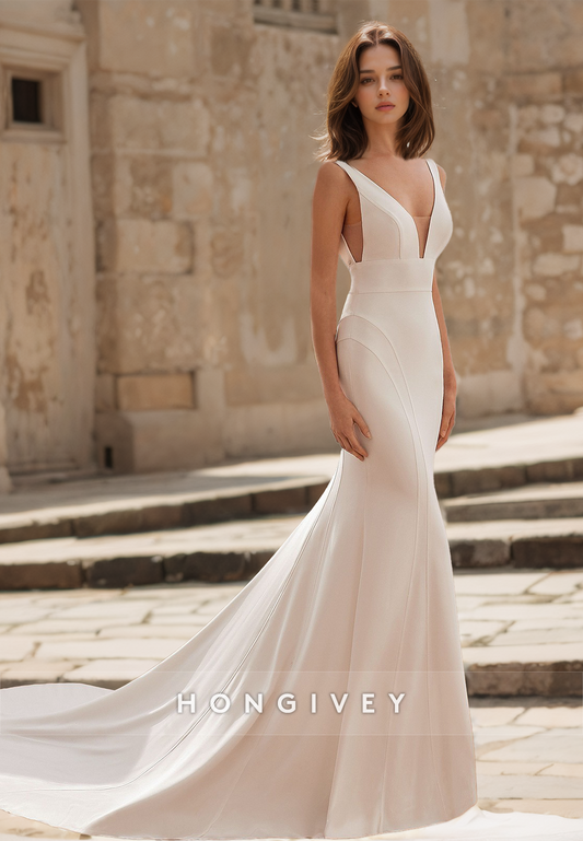 HONGIVEY Sexy V-Neck Backless Mermaid Beach Wedding Dress with Train Classic Bridal Dresses