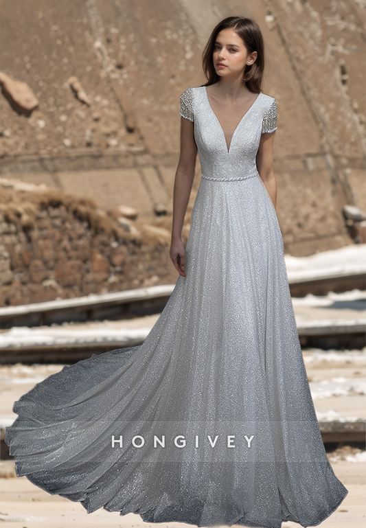 HONGIVEY New Glitter Wedding Dress V-Neck Short Sleeves Backless Bridal Dresses