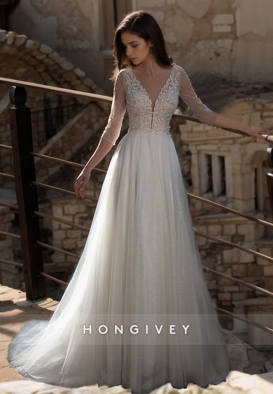 HONGIVEY Stunning Beaded Wedding Dress 2024 V-Neck Long Sleeves Tulle Bride Gown