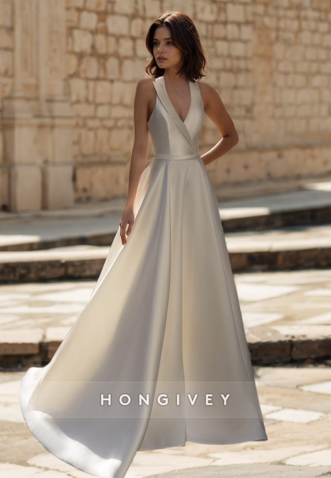 HONGIVEY V-Neck Satin Wedding Dress Sleeveless A-Line Bridal Dresses HONGIVEY V-Neck Satin Wedding Dress Sleeveless A-Line Bridal Dresses