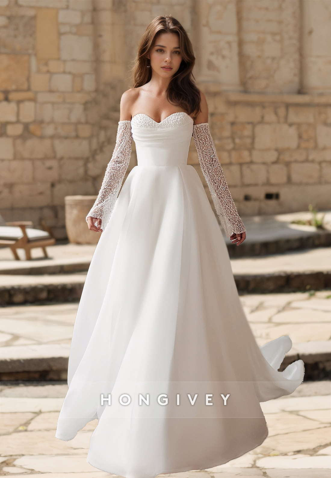 HONGIVEY Beaded Tulle Wedding Dress with Train Sweetheart Long Sleeves HONGIVEY Beaded Tulle Wedding Dress with Train Sweetheart Long Sleeves