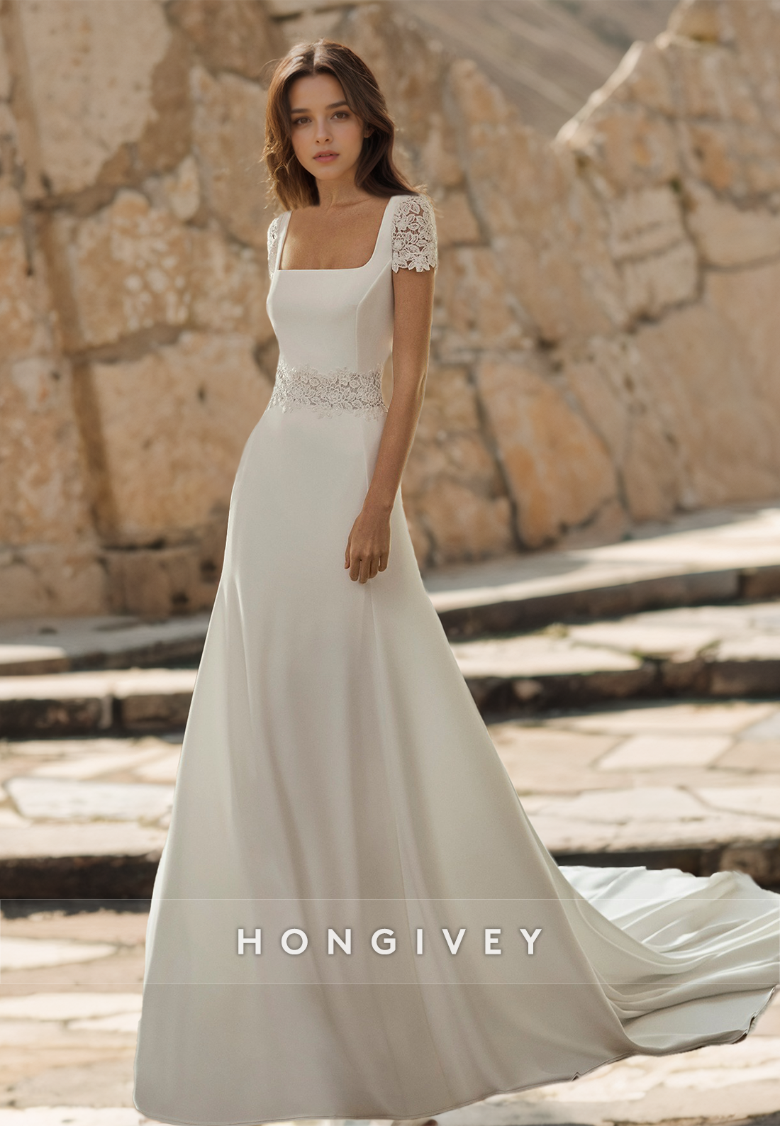 HONGIVEY Beach Wedding Dress with Train Square Short Sleeves Bridal Dresses