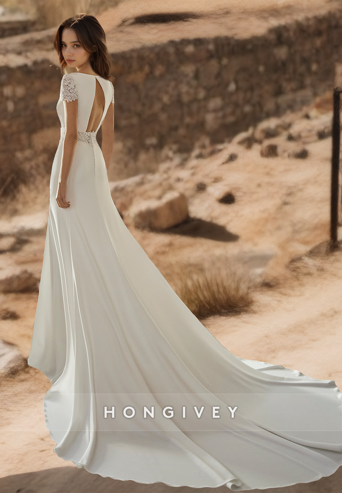 HONGIVEY Beach Wedding Dress with Train Square Short Sleeves Bridal Dresses