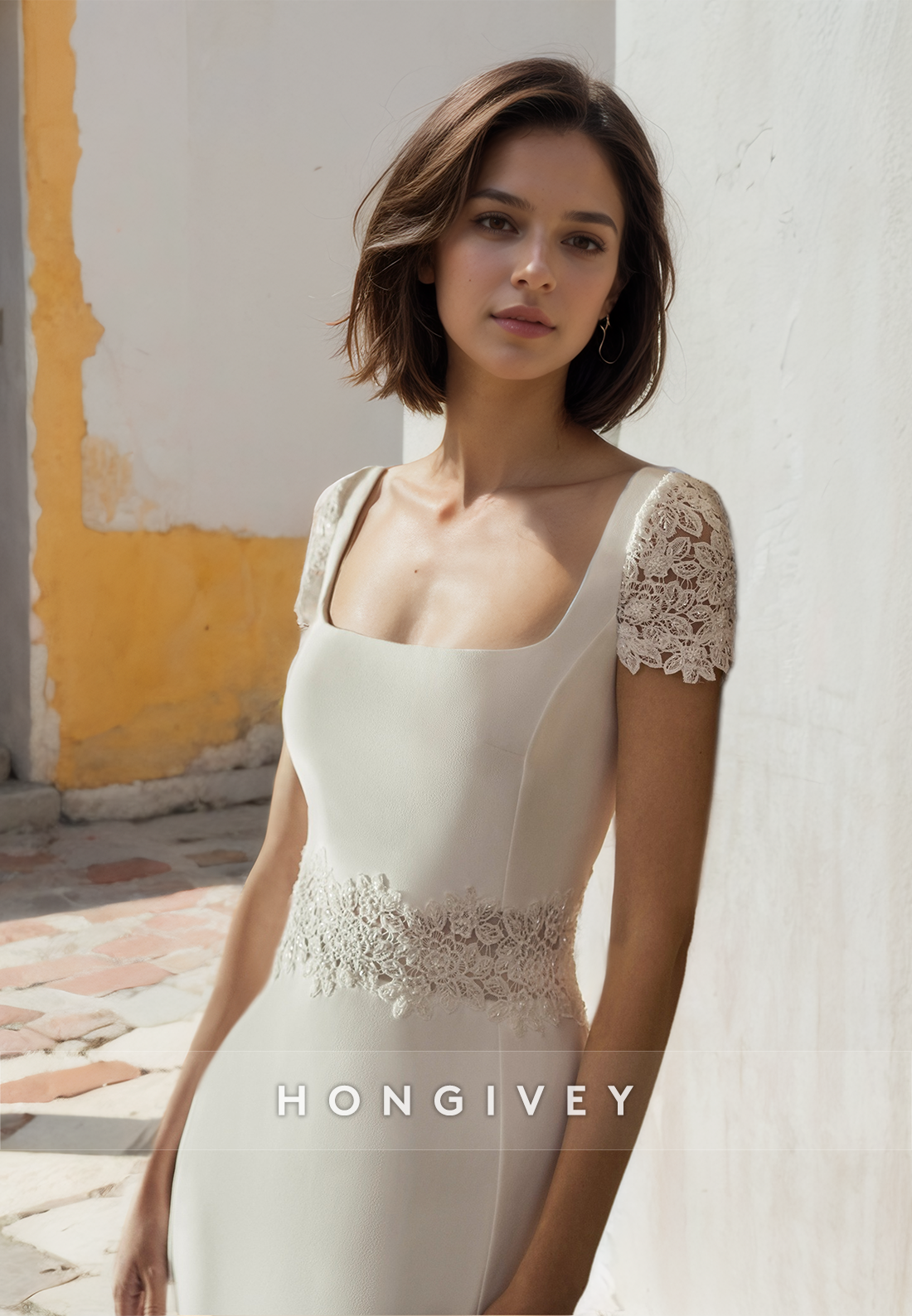 HONGIVEY Beach Wedding Dress with Train Square Short Sleeves Bridal Dresses