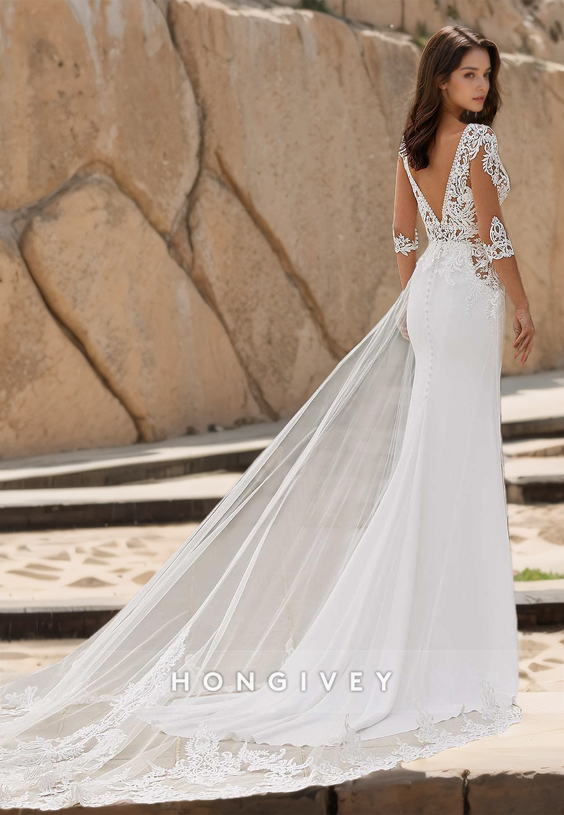 HONGIVEY Beach Mermaid Wedding Dress with Train V-Neck Sleeves Lace Elegant Bride Gown