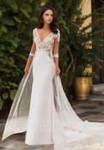 HONGIVEY Beach Mermaid Wedding Dress with Train V-Neck Sleeves Lace Elegant Bride Gown