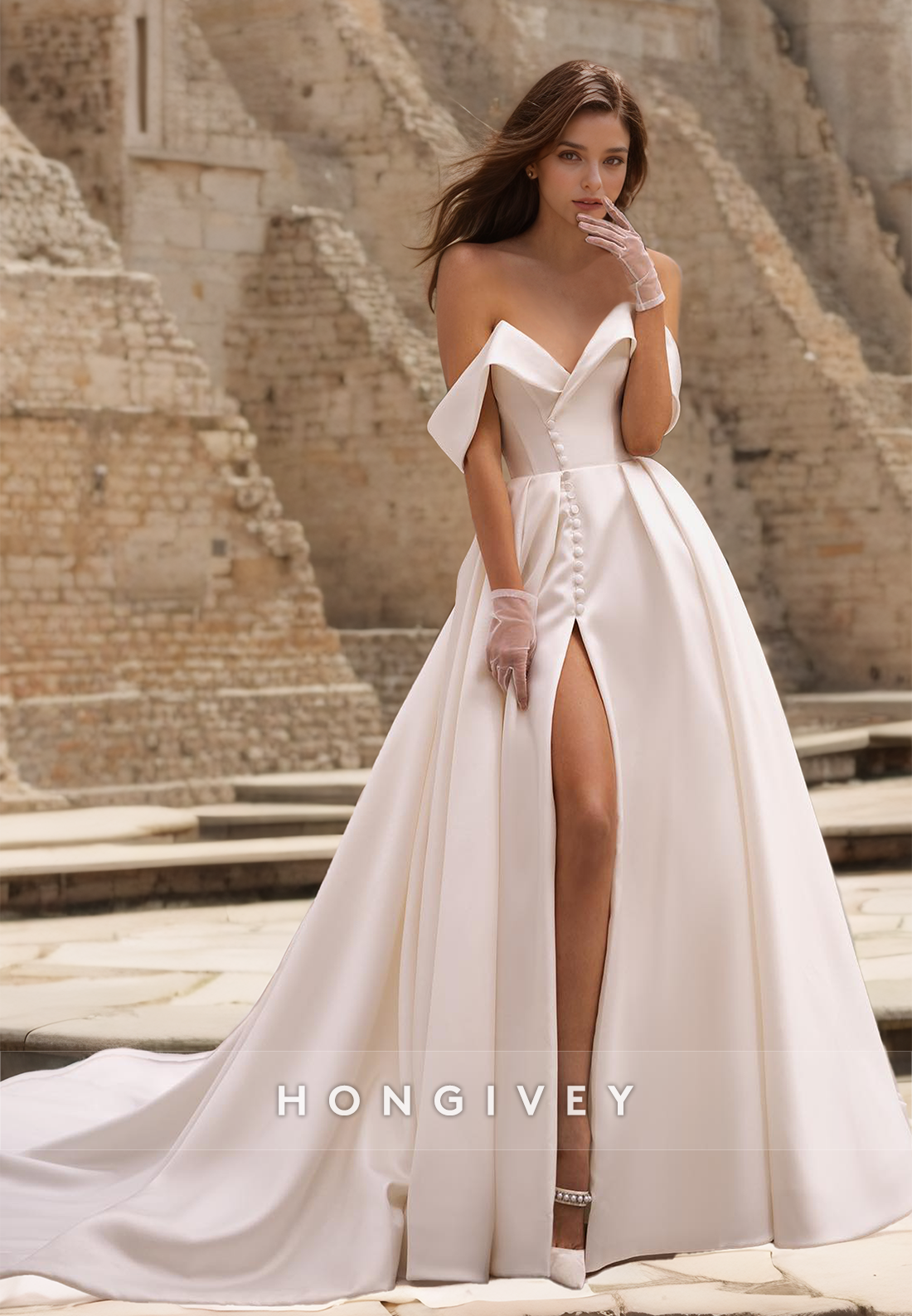 HONGIVEY Elegant Wedding Dress Bow Side Slit Off-Shoulder Sweetheart B HONGIVEY Elegant Wedding Dress Bow Side Slit Off-Shoulder Sweetheart B