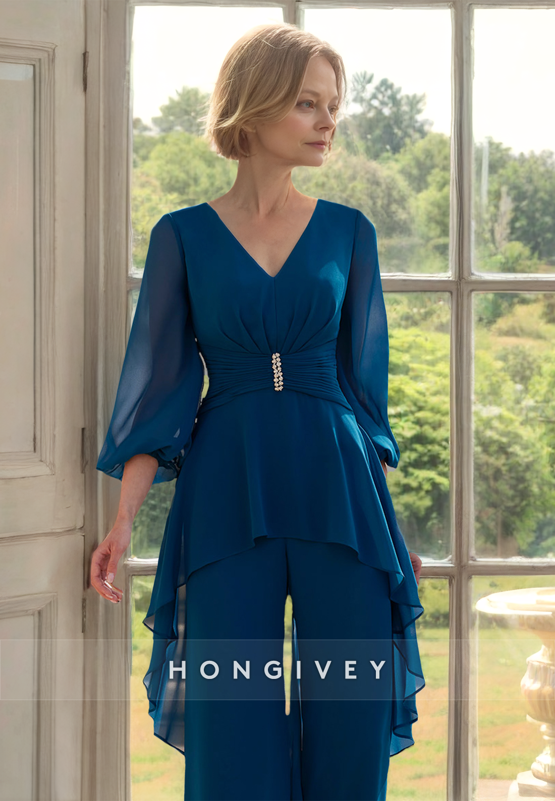 HONGIVEY V-Neck High Low Chiffion Mother of the Bride Dress Belt Top and Pants Two Piece