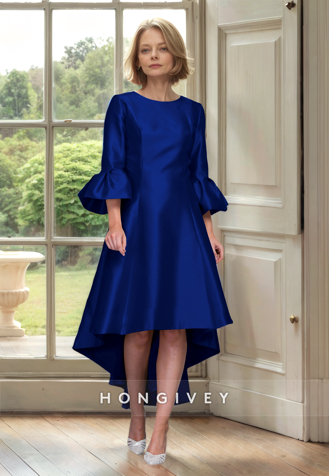 HONGIVEY High Low Mother of the Bride Dress Sleeves Satin A-Line Guest Gown Plus Size