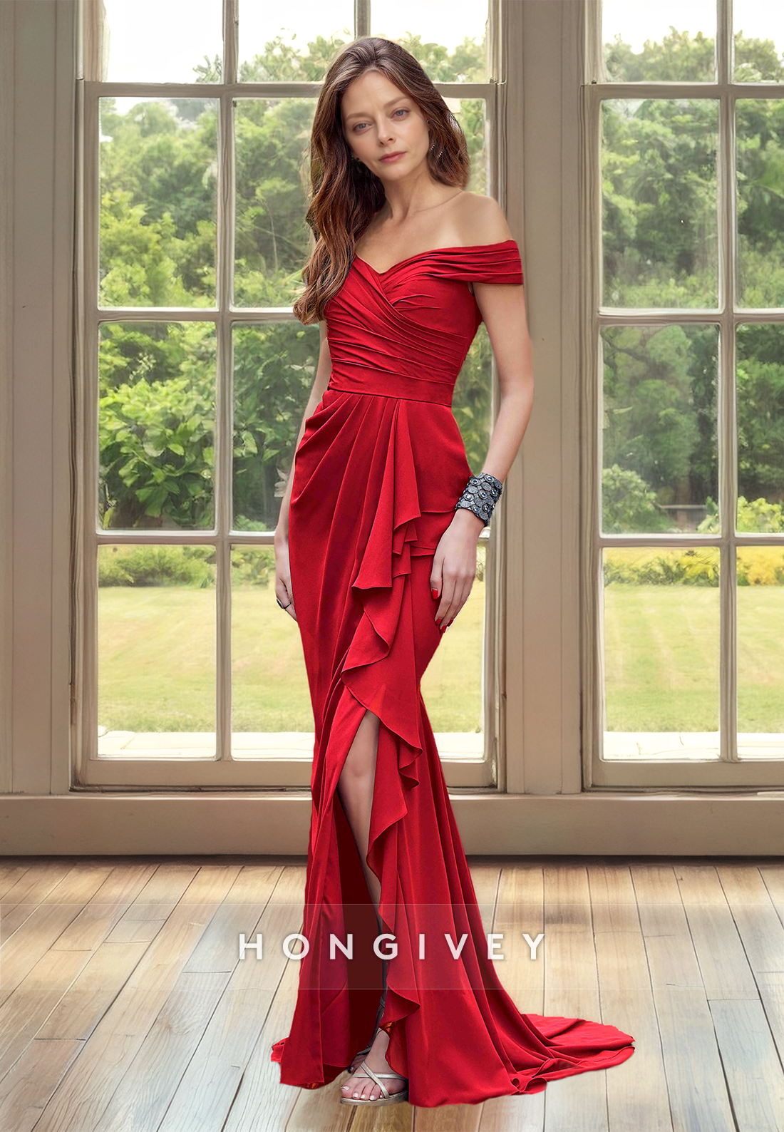 HONGIVEY Red Ruffles Mermaid Mother of the Bride Dress Slit Off-Shoulder Wedding Guest Gown