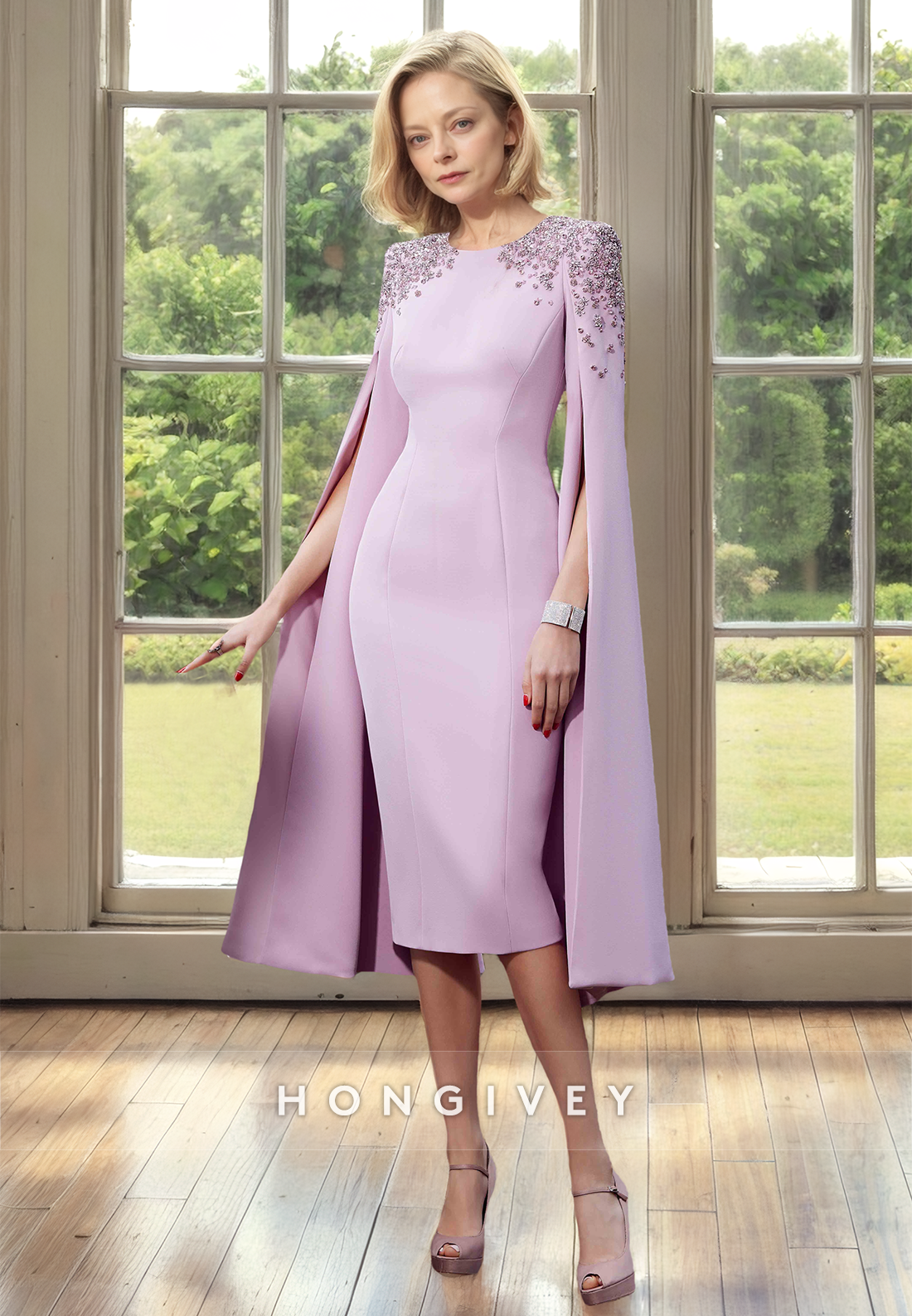 HONGIVEY Elegant Wedding Guest Gown Cap Sleeves Fitted Beaded Knee Length Midi Dresses