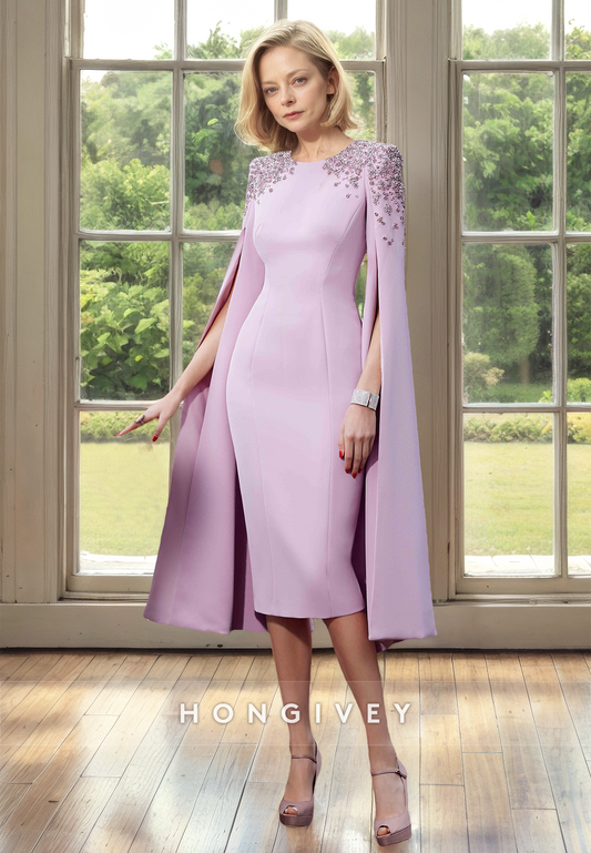 HONGIVEY Elegant Wedding Guest Gown Cap Sleeves Fitted Beaded Knee Length Midi Dresses