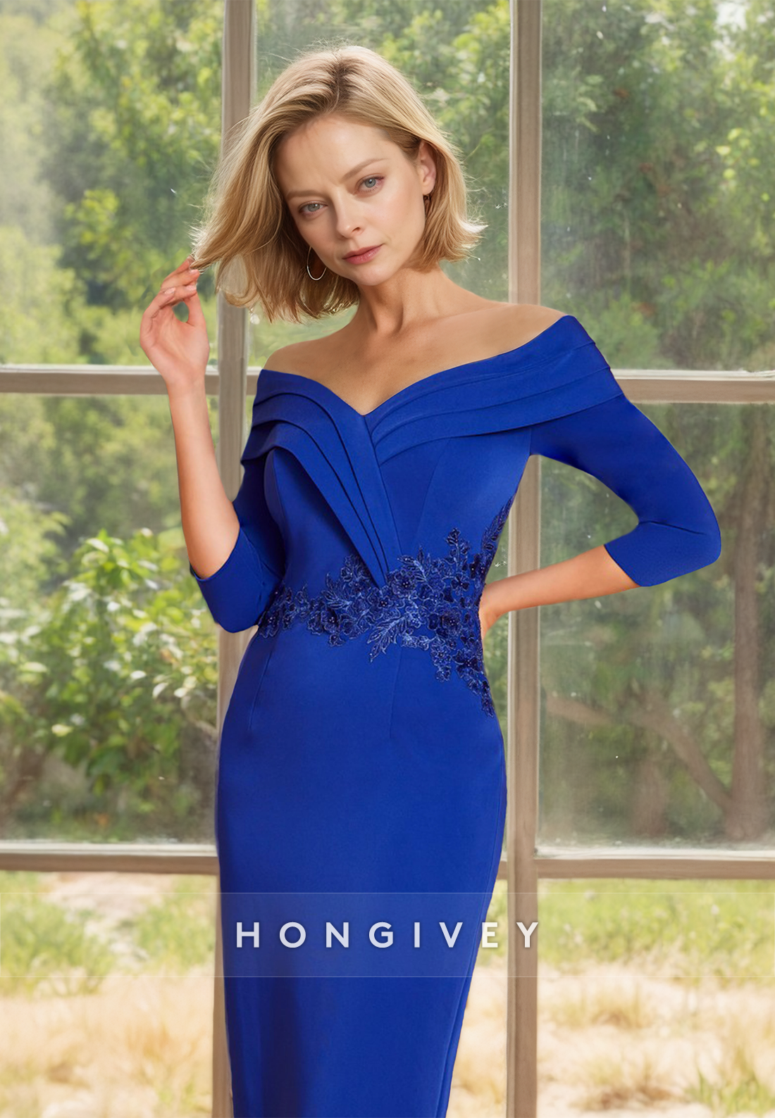 HONGIVEY Elegant Sleeves Royal Blue Fitted Mother of the Bride Dress with Belt