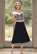 HONGIVEY Lace Applique Mother of the Bride Dress Off-Shoulder Pleated A-Line Wedding Guest Gown