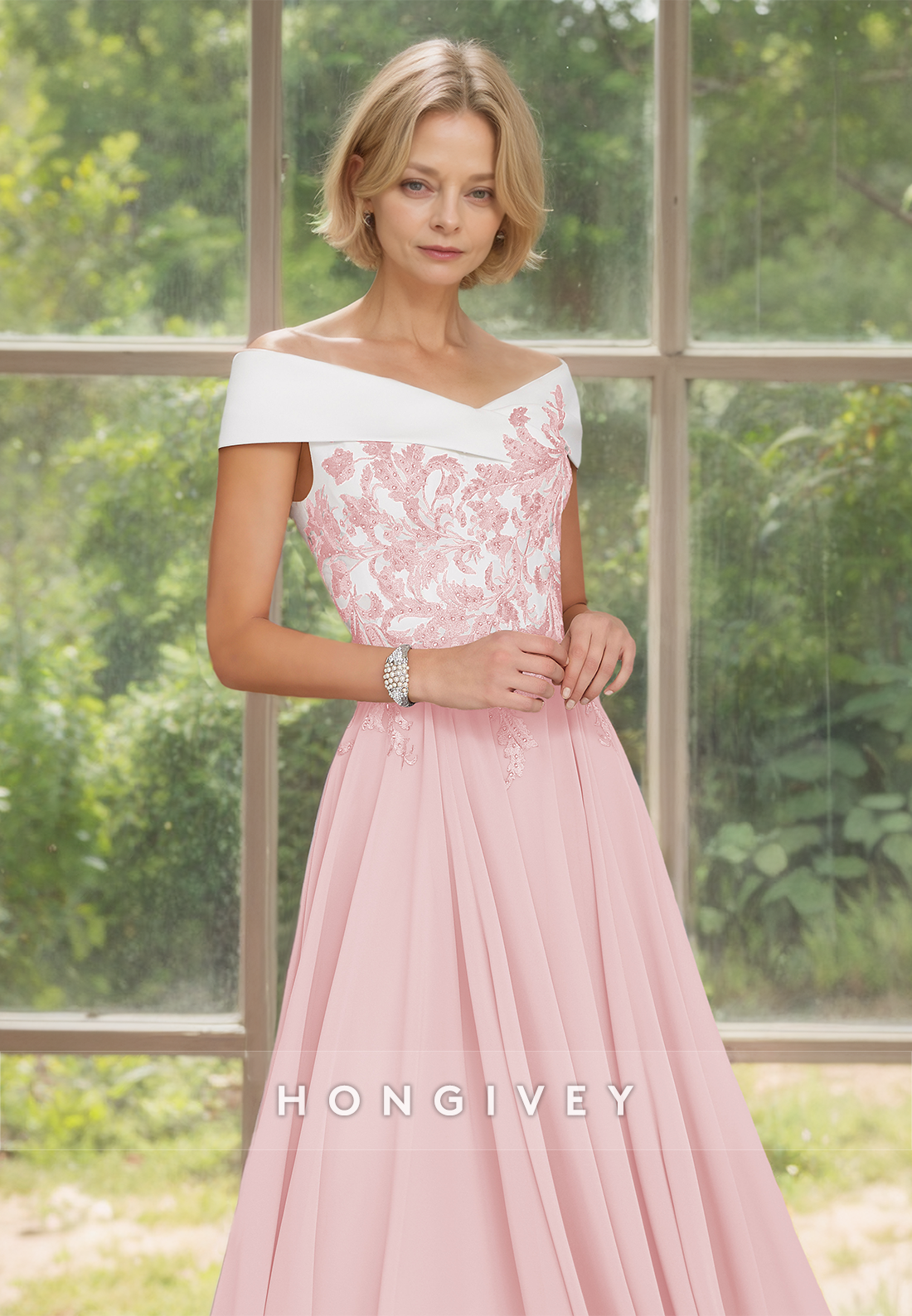 HONGIVEY Lace Applique Mother of the Bride Dress Off-Shoulder Pleated A-Line Wedding Guest Gown