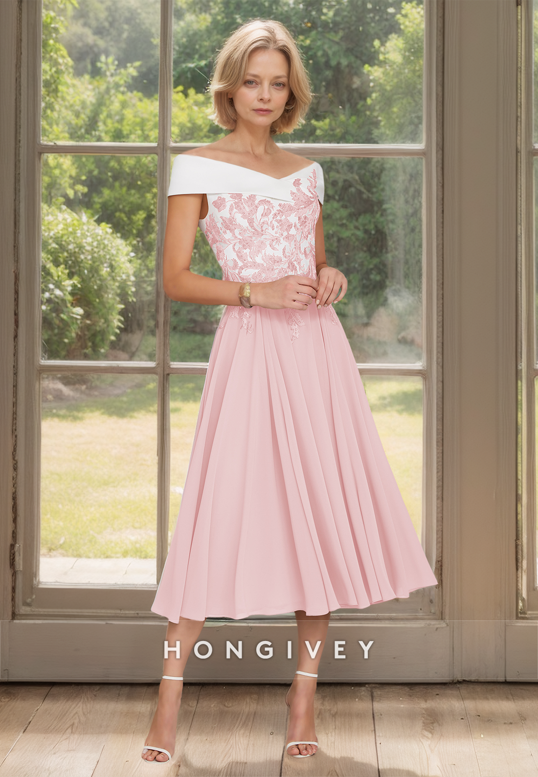 HONGIVEY Lace Applique Mother of the Bride Dress Off-Shoulder Pleated A-Line Wedding Guest Gown