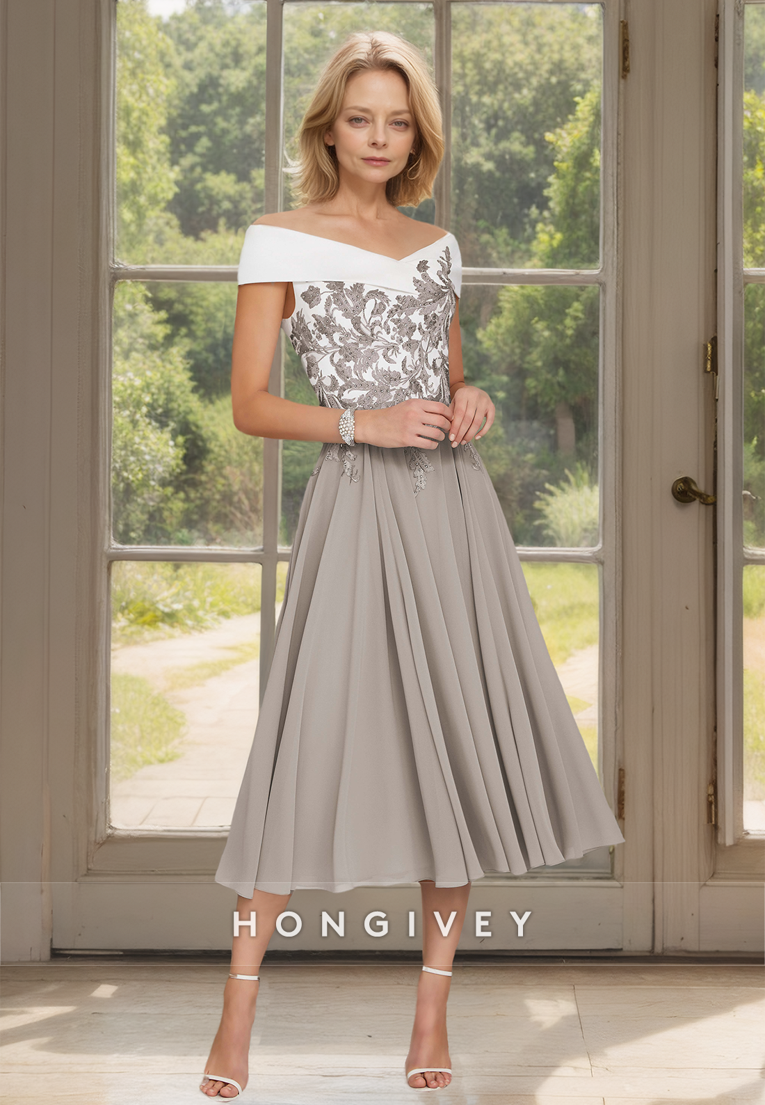 HONGIVEY Lace Applique Mother of the Bride Dress Off-Shoulder Pleated A-Line Wedding Guest Gown