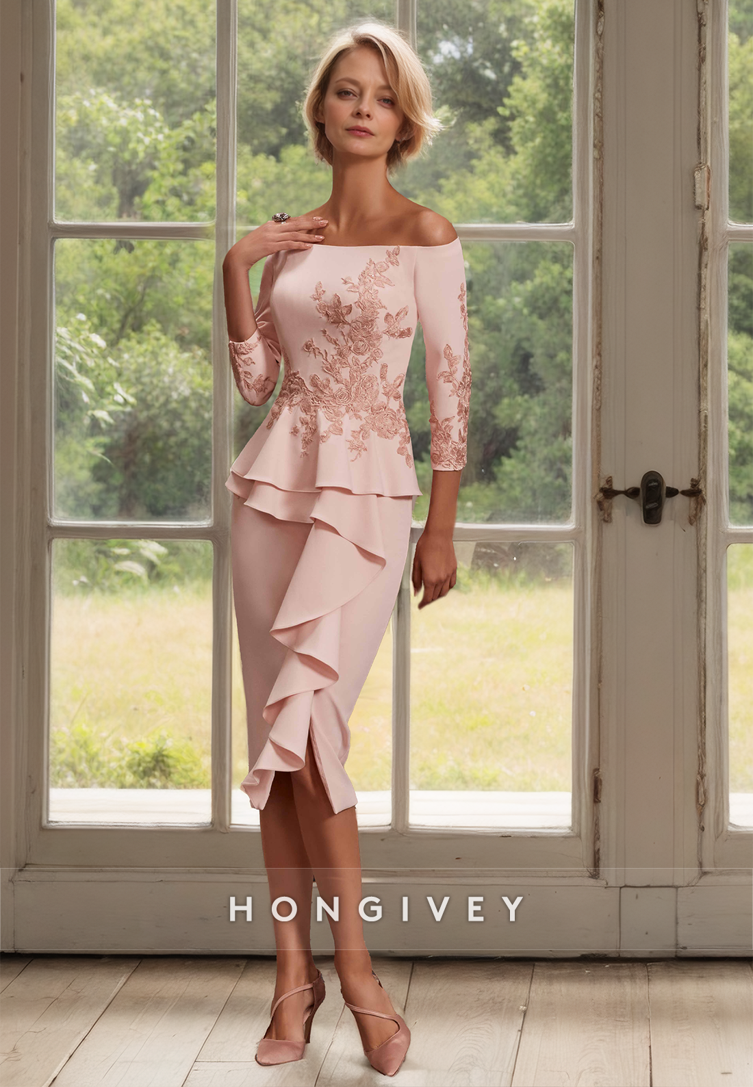 HONGIVEY Bateau Sleeves Lace Applique Asymmetrical Ruffles Mother of the Bride Dress