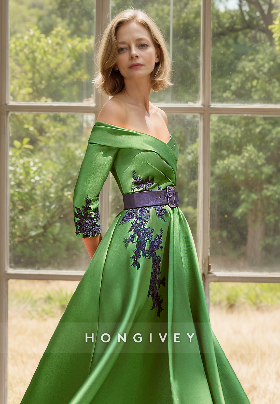 HONGIVEY Satin A-Line Mother of the Bride Dress Applique Green Wedding Guest Gown