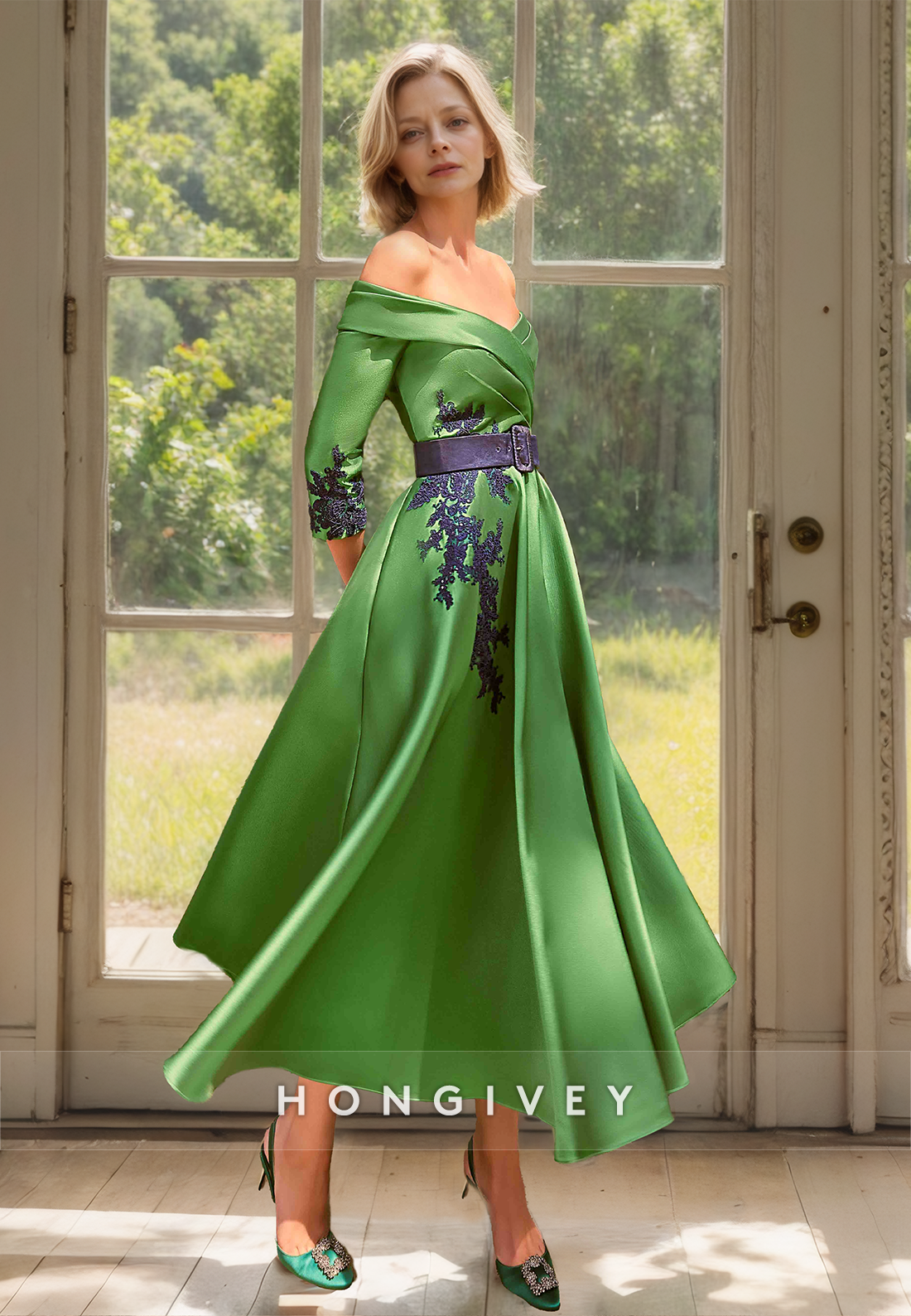 HONGIVEY Satin A-Line Mother of the Bride Dress Applique Green Wedding Guest Gown