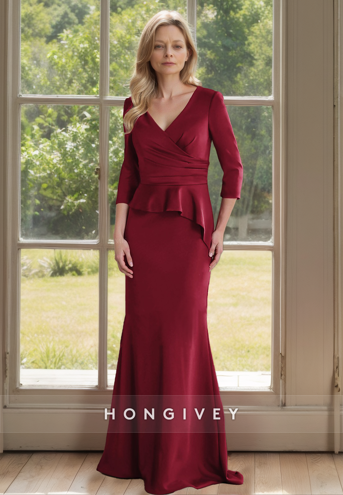 HONGIVEY Sleeves Burgundy Floor Length Mermaid/Trumpet Mother of the Bride Dress