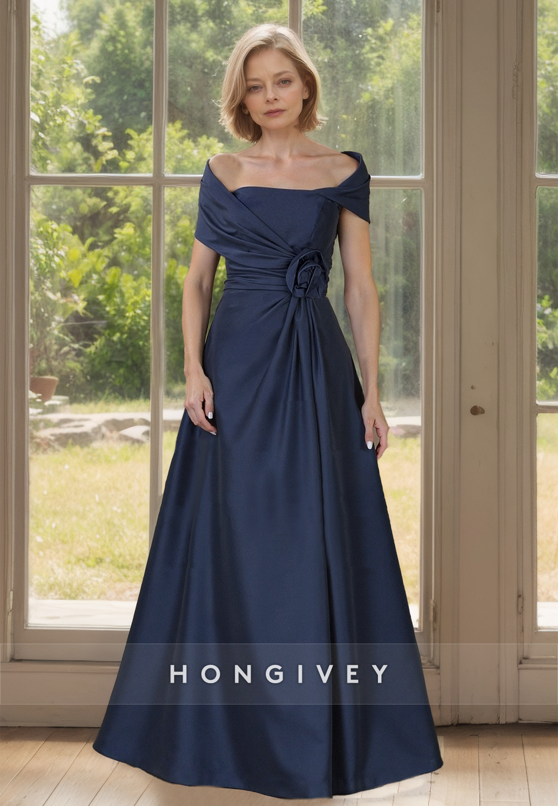 HONGIVEY Off-Shoulder A-Line Satin Mother of the Bride Dress with Flower