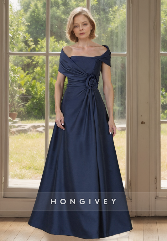 HONGIVEY Off-Shoulder A-Line Satin Mother of the Bride Dress with Flower