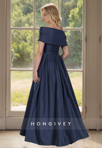 HONGIVEY Off-Shoulder A-Line Satin Mother of the Bride Dress with Flower