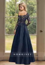 HONGIVEY Lace Applique Long Sleeves Classic Mother of the Bride Dress