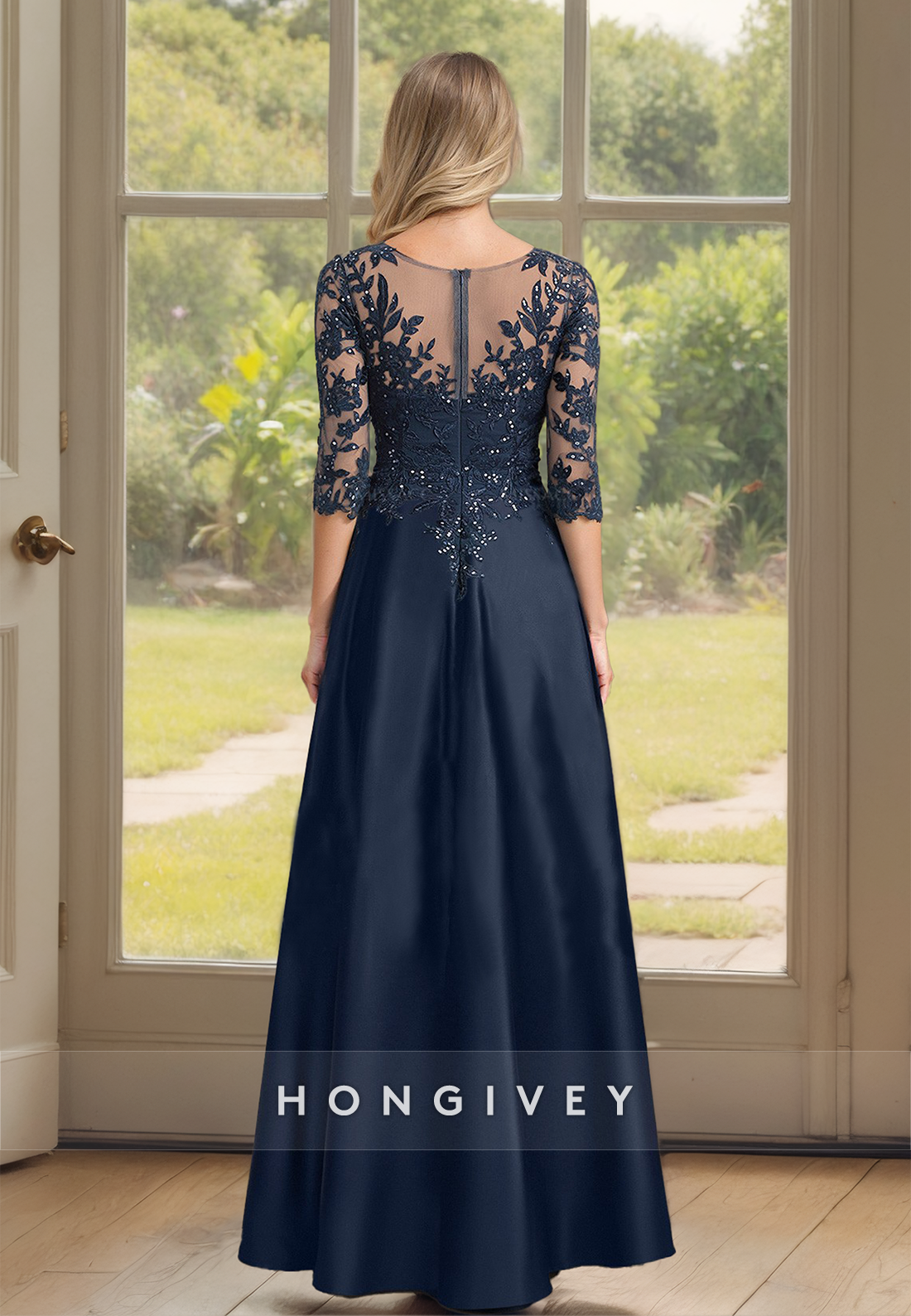 HONGIVEY Half Sleeves Mother of the Bride Dress Lace Applique Long Wedding Guest Gown