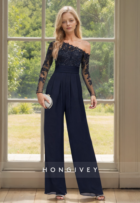 HONGIVEY Lace Applique Jumpsuits/Rompers Long Sleeves Wedding Guest Gown Custom