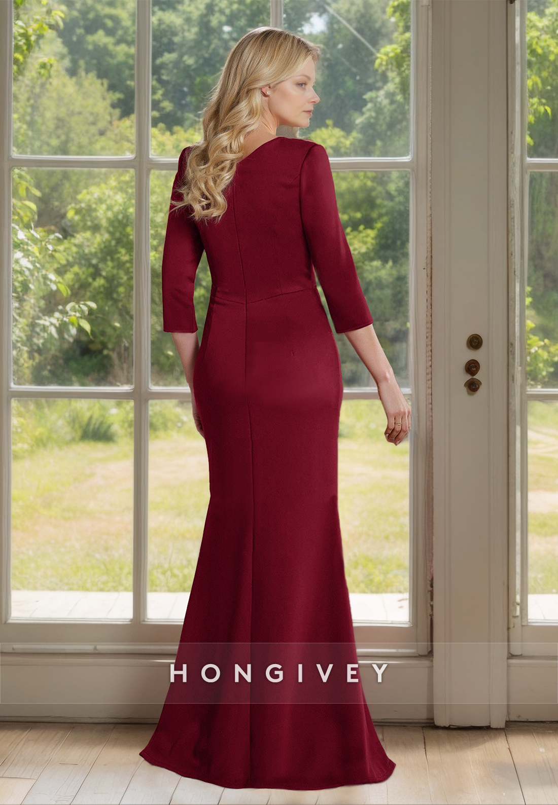 HONGIVEY Sleeves Burgundy Floor Length Mermaid/Trumpet Mother of the Bride Dress