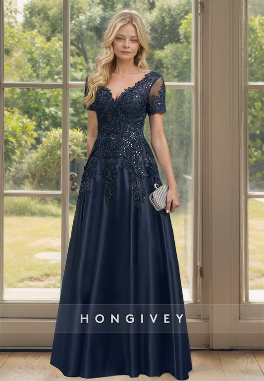 HONGIVEY Short Sleeves Mother of the Bride Dress Lace Applique Wedding Guest Gown