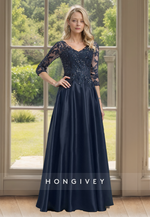 HONGIVEY Half Sleeves Mother of the Bride Dress Lace Applique Long Wedding Guest Gown