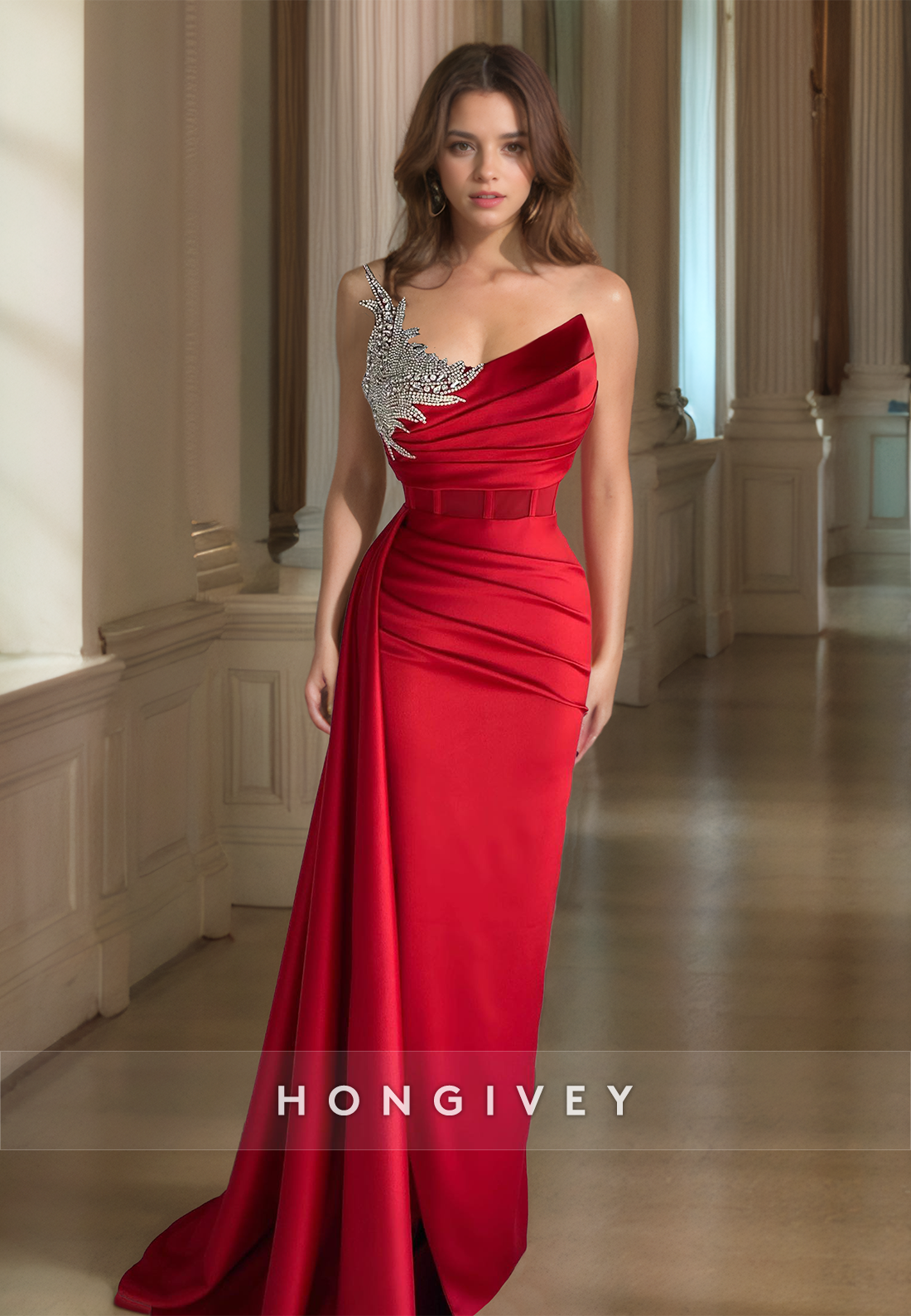 HONGIVEY Red Sweetheart Sheath Evening Dress with Train Formal Party Prom Gown New