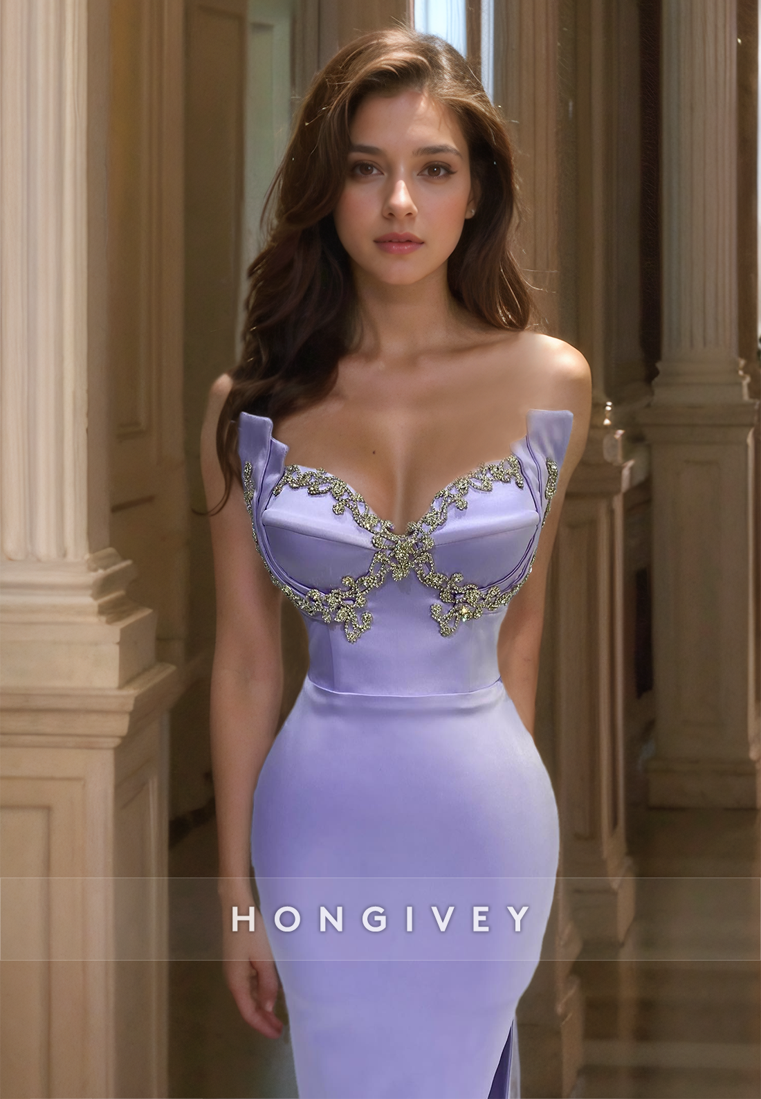 HONGIVEY Lilac Sweetheart Mermaid Evening Dress Slit Sleeveless Prom Gown