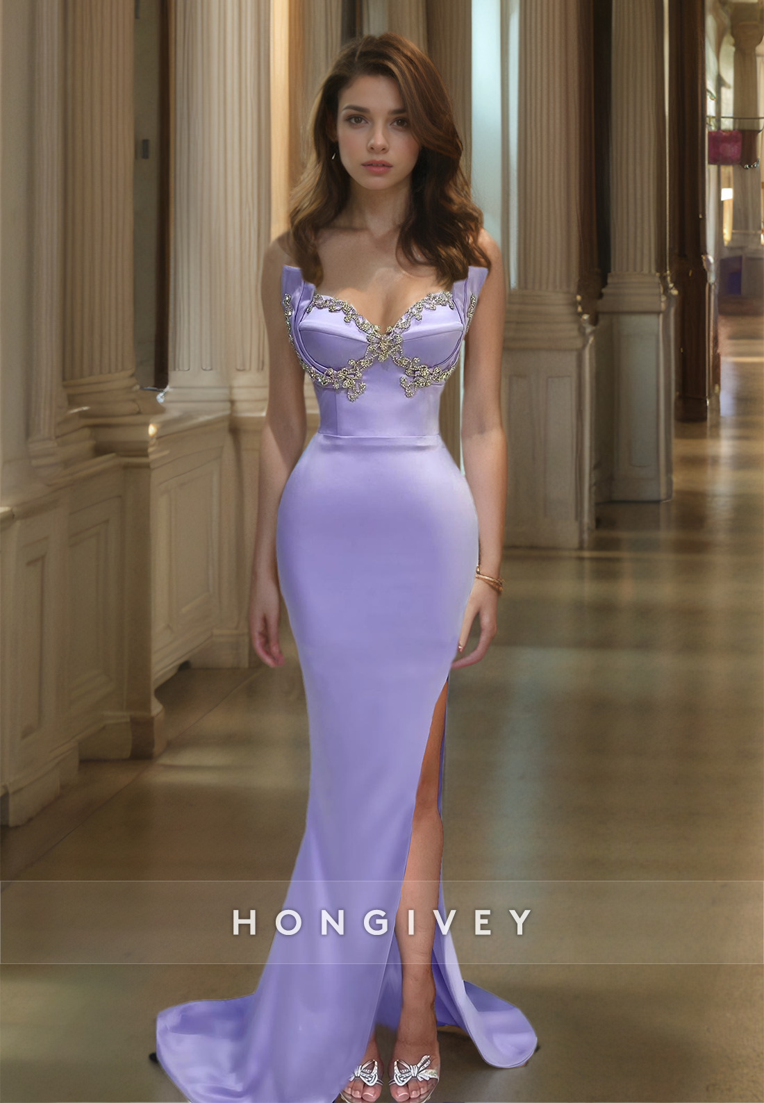 HONGIVEY Lilac Sweetheart Mermaid Evening Dress Slit Sleeveless Prom Gown