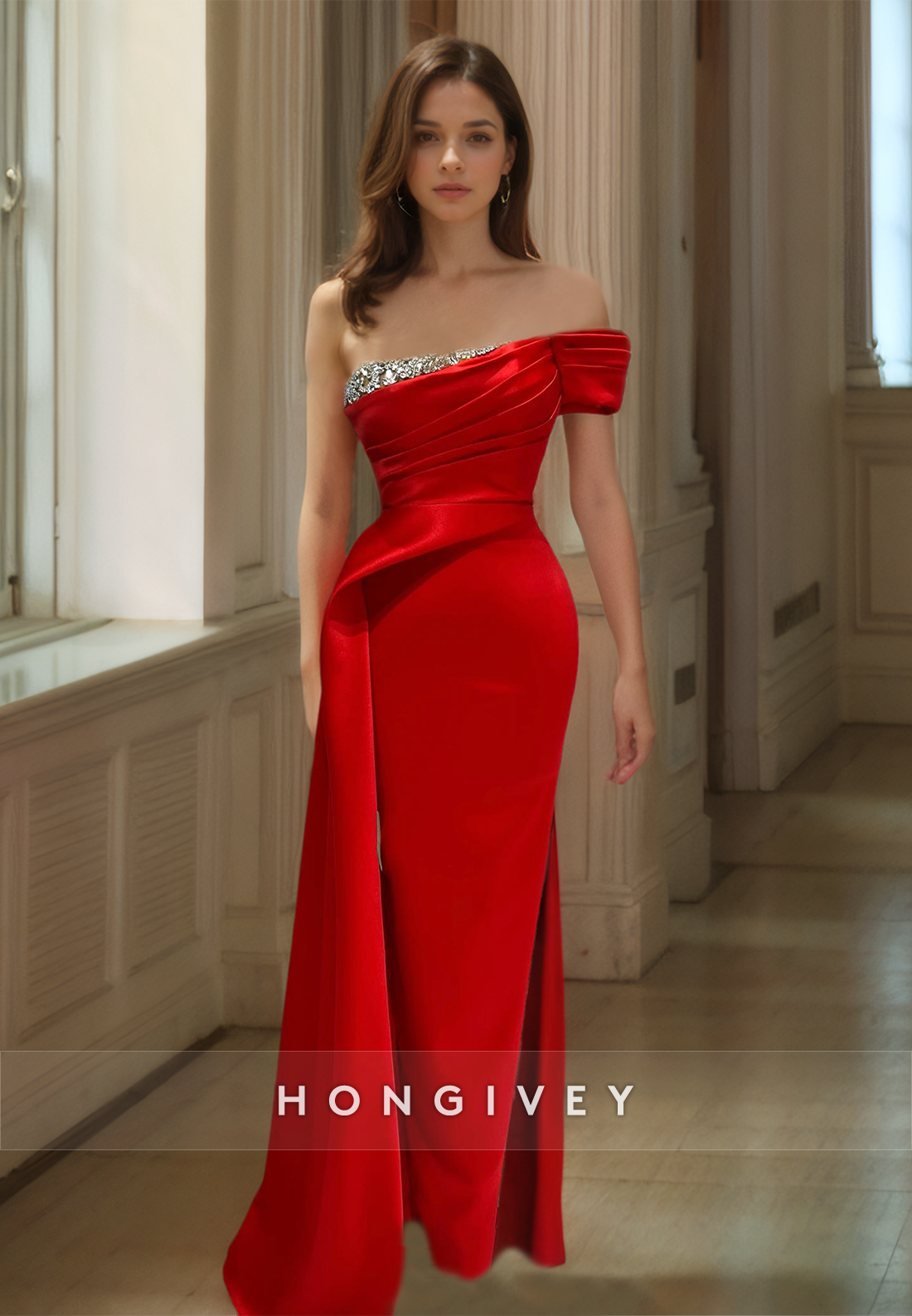 HONGIVEY Red One Shoulder Evening Dress with Train 2024 Formal Party Prom Gown