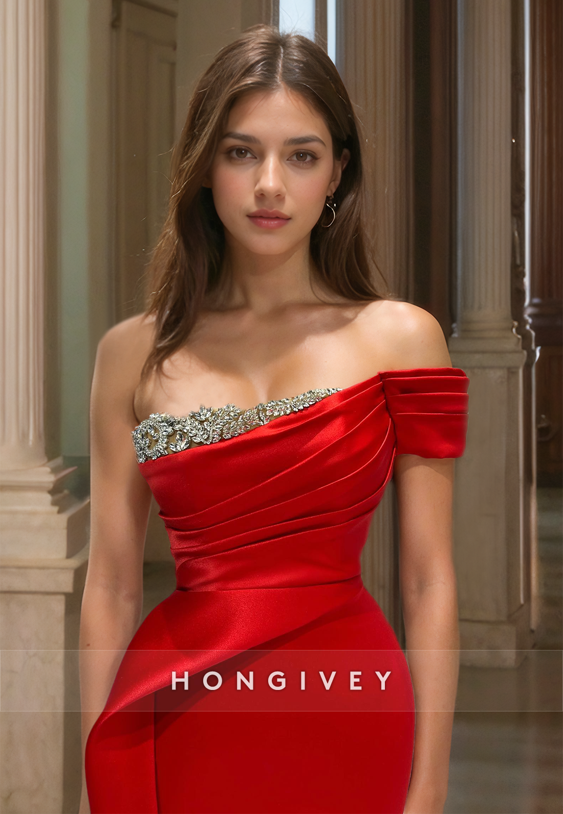 HONGIVEY Red One Shoulder Evening Dress with Train 2024 Formal Party Prom Gown