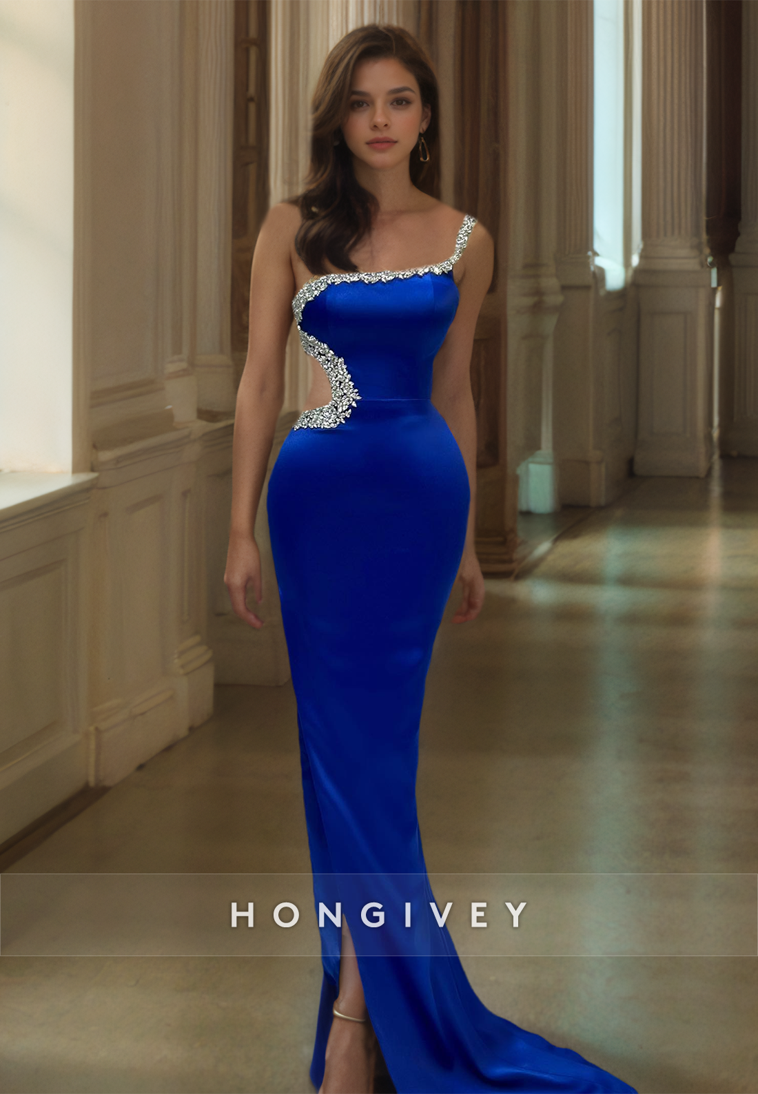 HONGIVEY Sexy Beaded Mermaid Evening Dress with Train Side Slit Prom Gown Women