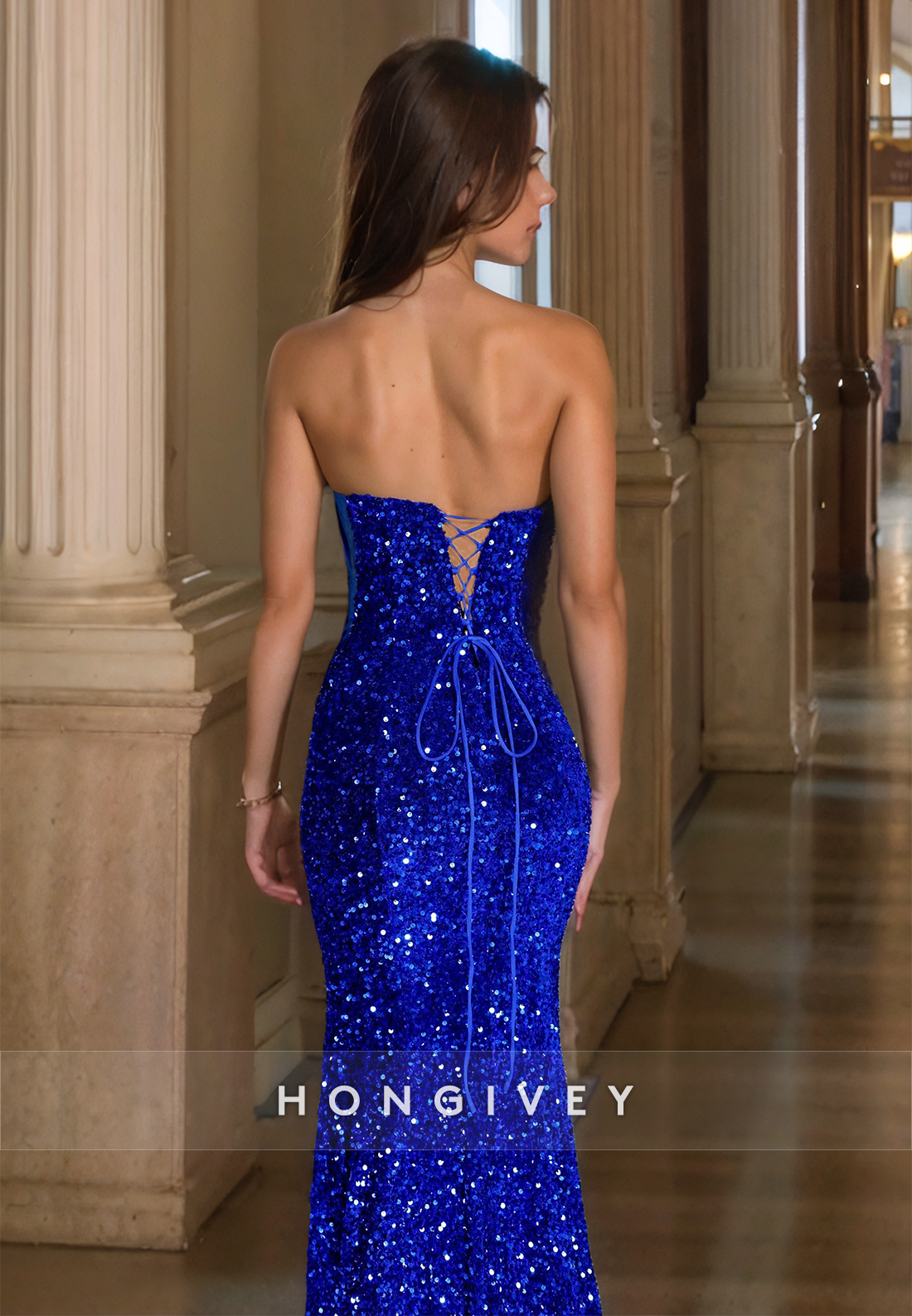 HONGIVEY Glitter Sequins Royal Blue Sweetheart Mermaid/Trumpet Formal Evening Dress