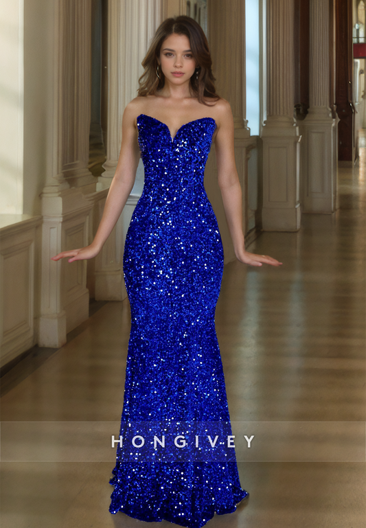 HONGIVEY Glitter Sequins Royal Blue Sweetheart Mermaid/Trumpet Formal Evening Dress