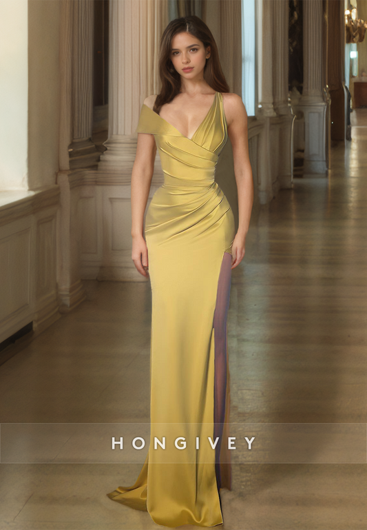 HONGIVEY Gold Asymmetrical Formal Party Gown with High Side Slit Satin Evening Dress