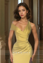 HONGIVEY Gold Asymmetrical Formal Party Gown with High Side Slit Satin Evening Dress