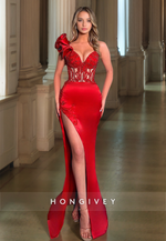 HONGIVEY Elegant Ruffles One Shoulder Evening Dress Sexy Red Mermaid Prom Gown